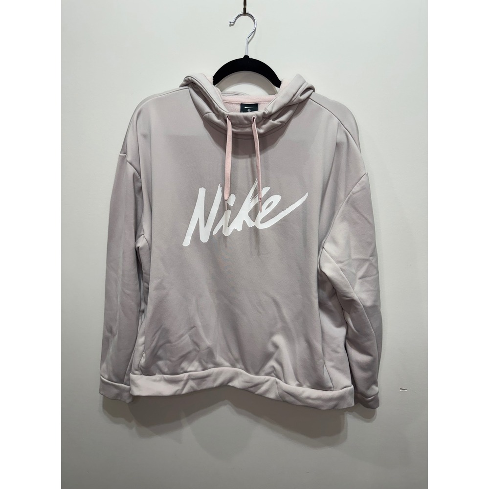 Nike Therma-FIT Fleece Hoodie Mauve Pink Script Logo Pullover Medium